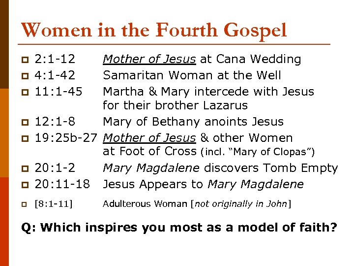 Women in the Fourth Gospel p Mother of Jesus at Cana Wedding Samaritan Woman