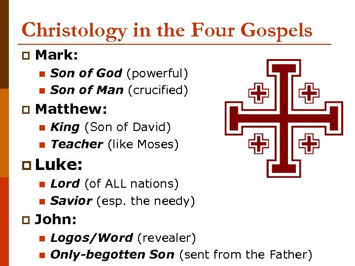 Christology in the Four Gospels p Mark: n n p Son of God (powerful)