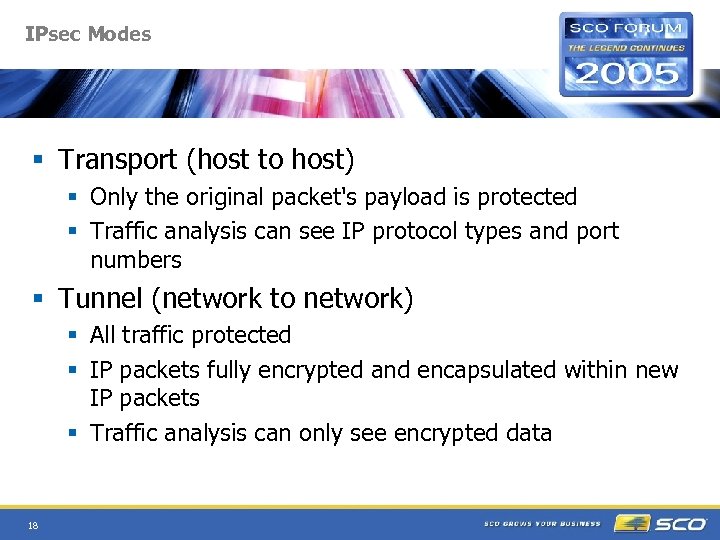 IPsec Modes § Transport (host to host) § Only the original packet's payload is