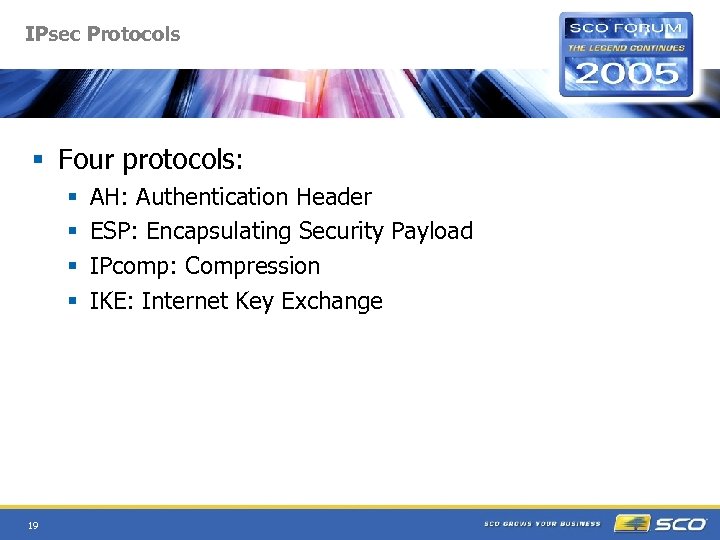 IPsec Protocols § Four protocols: § § 19 AH: Authentication Header ESP: Encapsulating Security