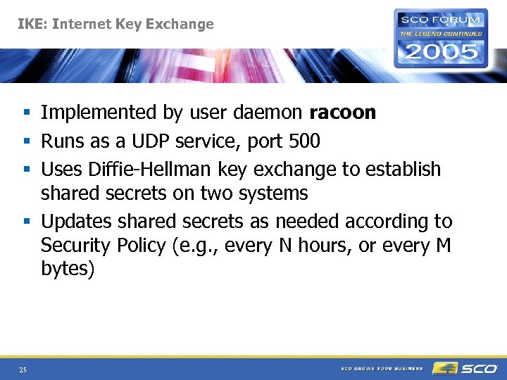 IKE: Internet Key Exchange § Implemented by user daemon racoon § Runs as a