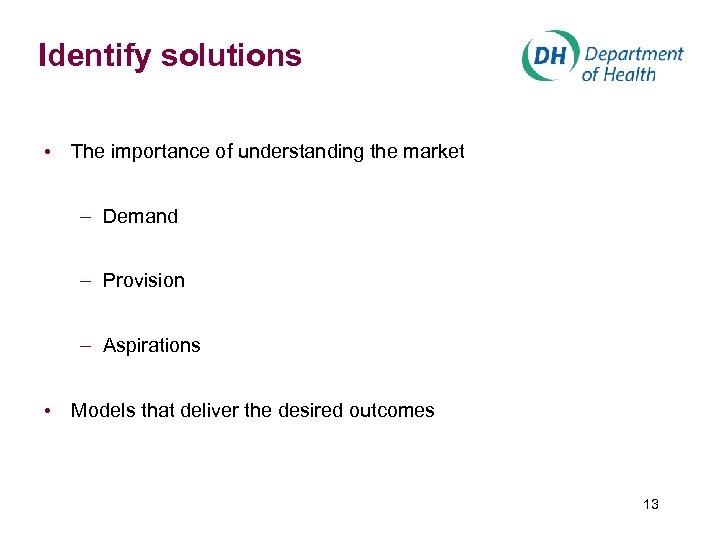 Identify solutions • The importance of understanding the market – Demand – Provision –