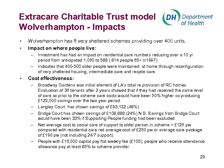 Extracare Charitable Trust model Wolverhampton - Impacts • • Wolverhampton has 8 very sheltered