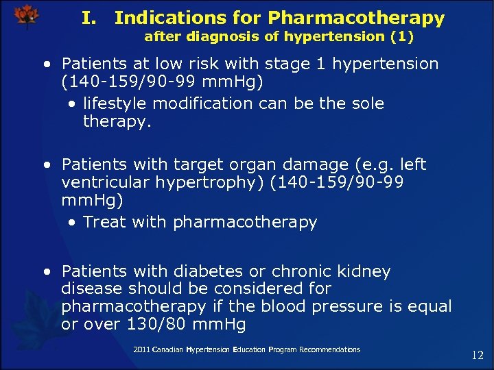 I. Indications for Pharmacotherapy after diagnosis of hypertension (1) • Patients at low risk