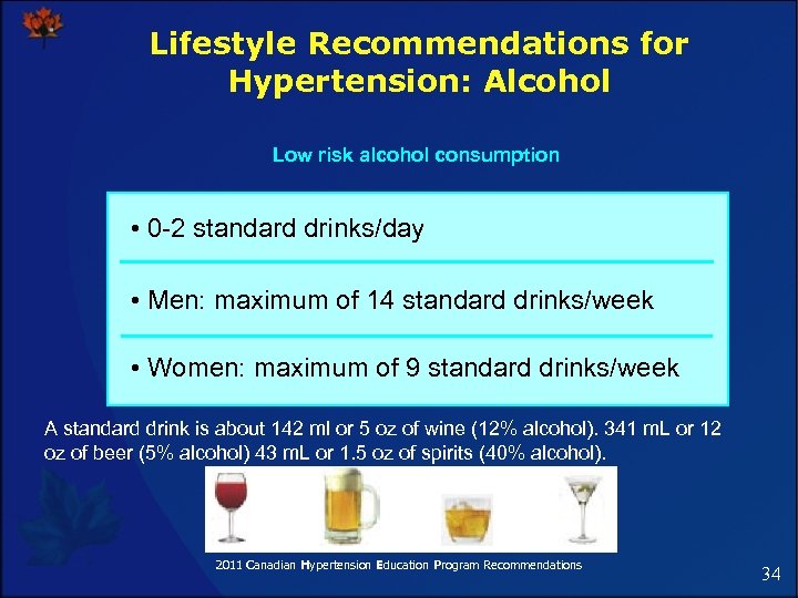 Lifestyle Recommendations for Hypertension: Alcohol Low risk alcohol consumption • 0 -2 standard drinks/day