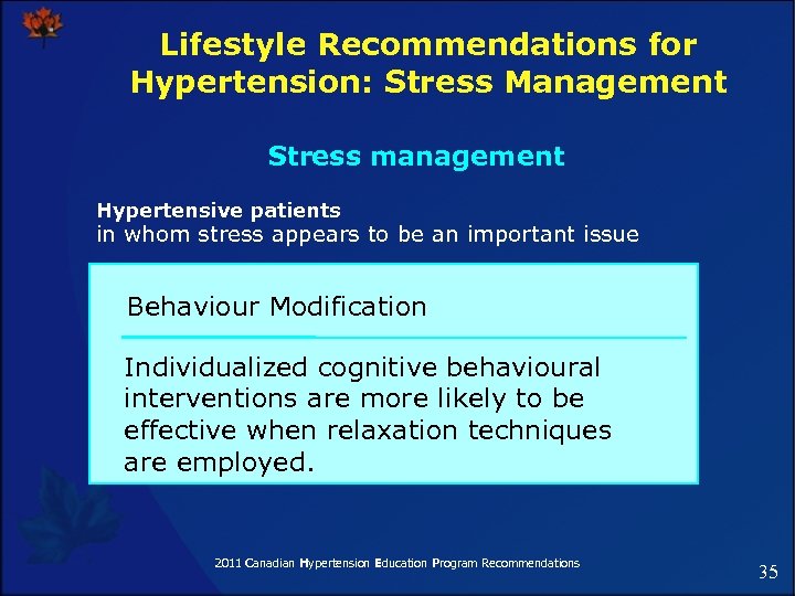 Lifestyle Recommendations for Hypertension: Stress Management Stress management Hypertensive patients in whom stress appears