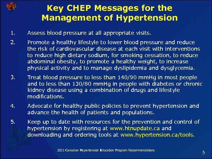 Key CHEP Messages for the Management of Hypertension 1. Assess blood pressure at all