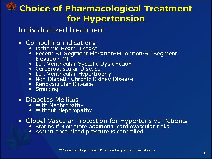 Choice of Pharmacological Treatment for Hypertension Individualized treatment • Compelling indications: • Ischemic Heart