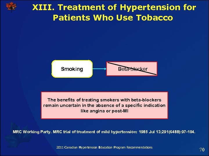 XIII. Treatment of Hypertension for Patients Who Use Tobacco Smoking Beta-blocker The benefits of