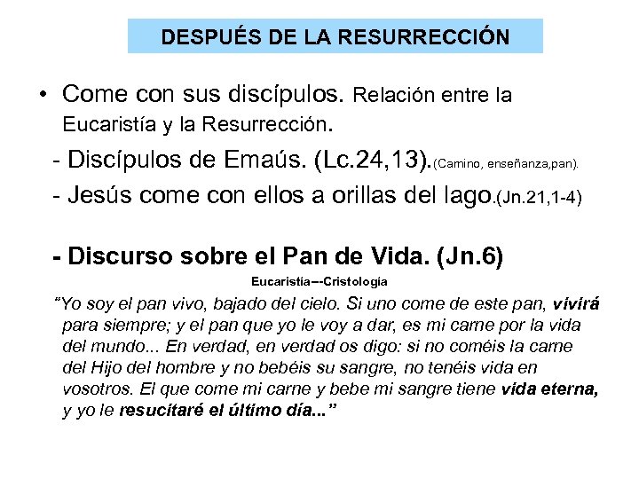 DESPUÉS DE LA RESURRECCIÓN • Come con sus discípulos. Relación entre la Eucaristía y