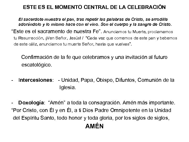 ESTE ES EL MOMENTO CENTRAL DE LA CELEBRACIÓN El sacerdote muestra el pan, tras