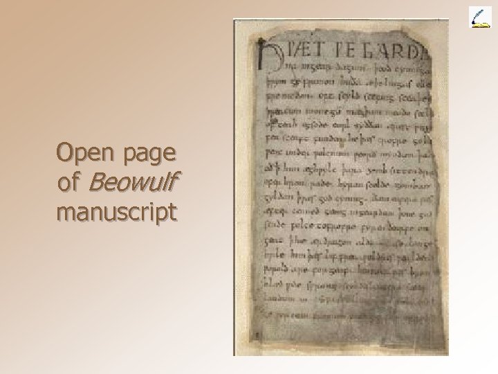 Open page of Beowulf manuscript 