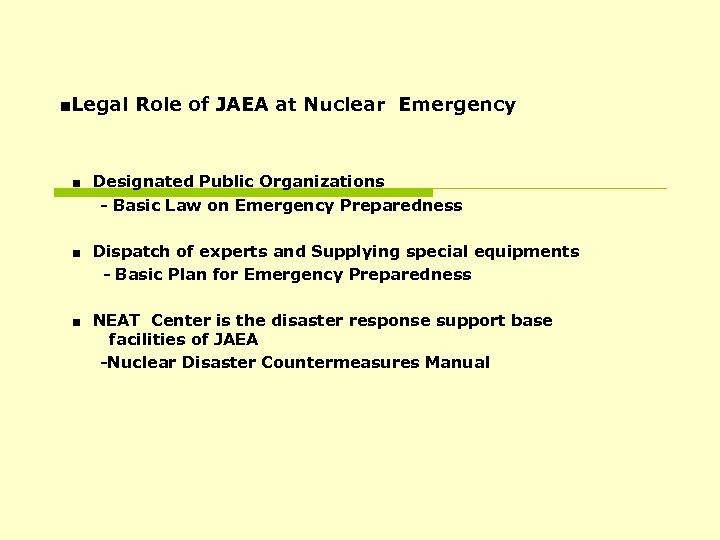 ■Legal Role of JAEA at Nuclear　Emergency ■　Designated Public Organizations - Basic Law on Emergency