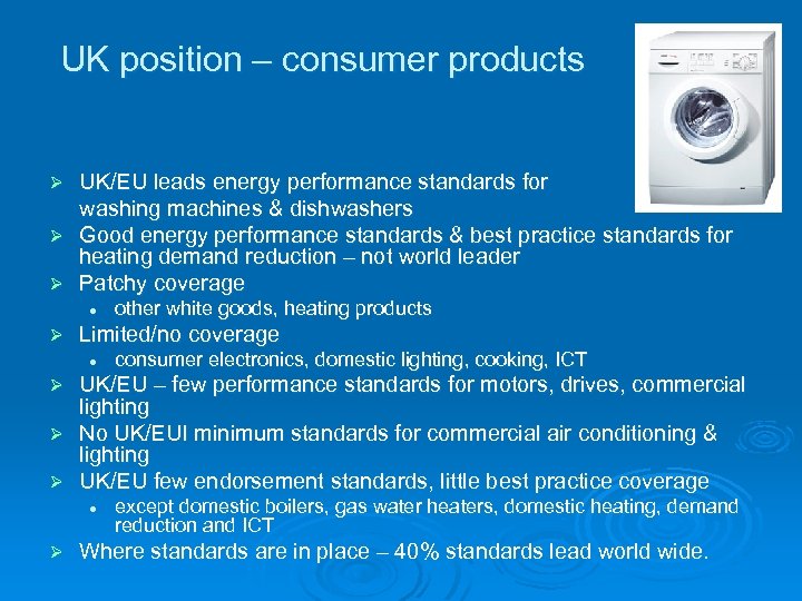 UK position – consumer products UK/EU leads energy performance standards for washing machines &