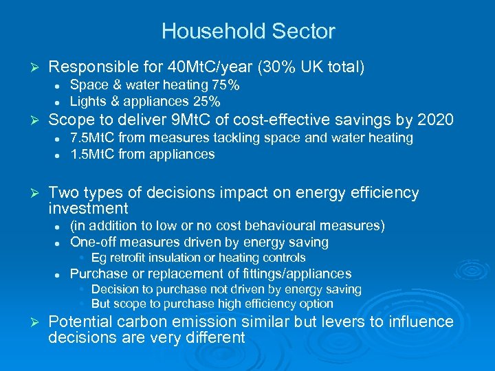 Household Sector Ø Responsible for 40 Mt. C/year (30% UK total) l l Ø