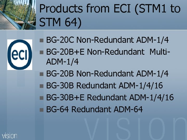 Products from ECI (STM 1 to STM 64) BG-20 C Non-Redundant ADM-1/4 n BG-20