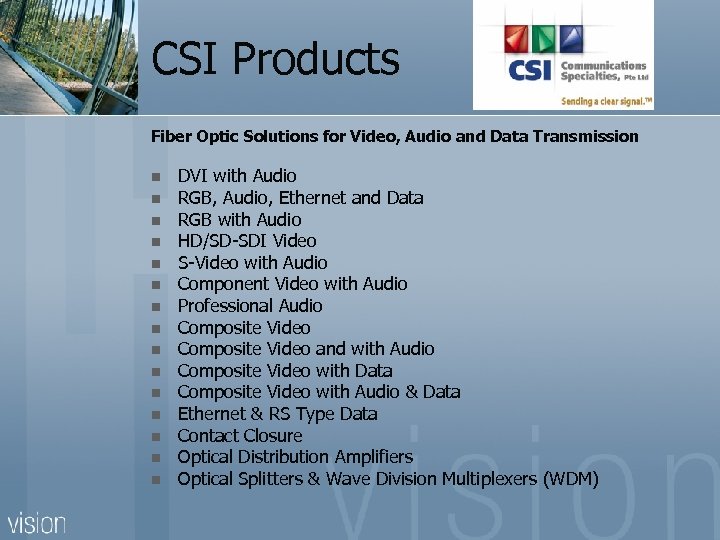 CSI Products Fiber Optic Solutions for Video, Audio and Data Transmission n n n