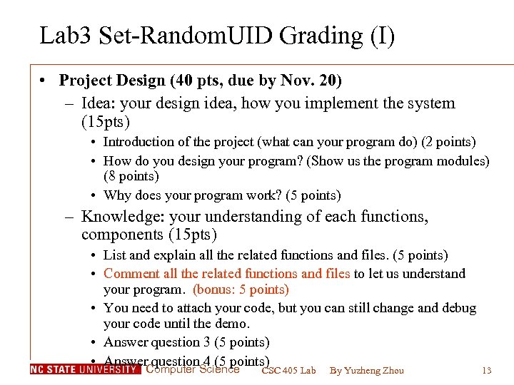 Lab 3 Set-Random. UID Grading (I) • Project Design (40 pts, due by Nov.