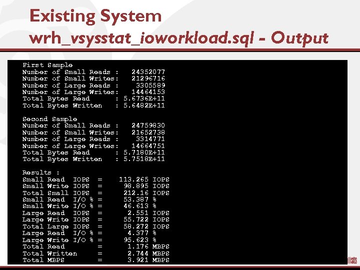 Existing System wrh_vsysstat_ioworkload. sql - Output § § § § First Sample Number of