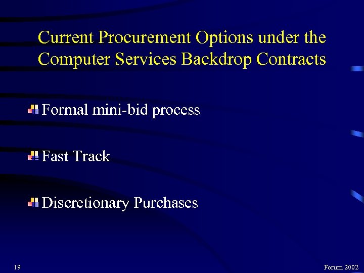 Current Procurement Options under the Computer Services Backdrop Contracts Formal mini-bid process Fast Track