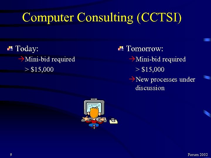 Computer Consulting (CCTSI) Today: ÒMini-bid required > $15, 000 9 Tomorrow: ÒMini-bid required >