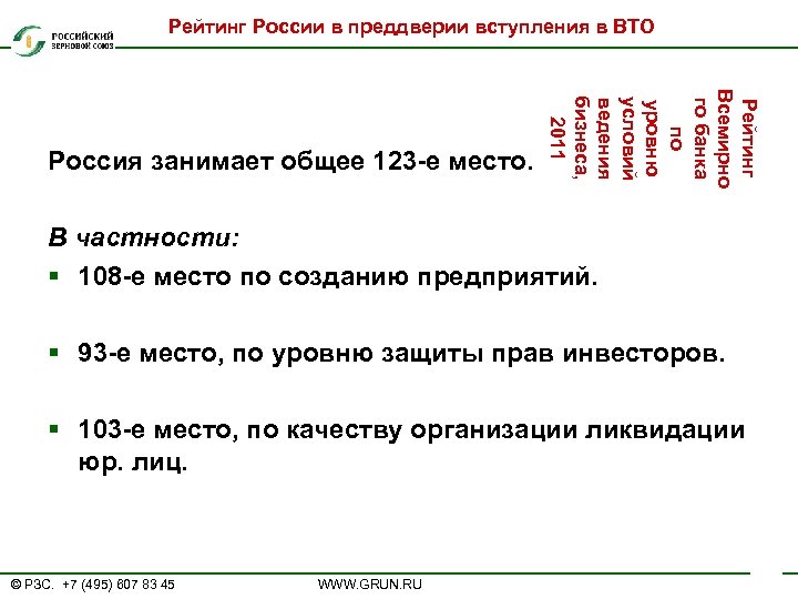 Рейтинг России в преддверии вступления в ВТО Рейтинг Всемирно го банка по уровню условий