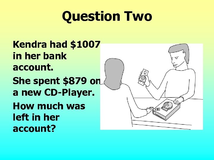 Question Two Kendra had $1007 in her bank account. She spent $879 on a