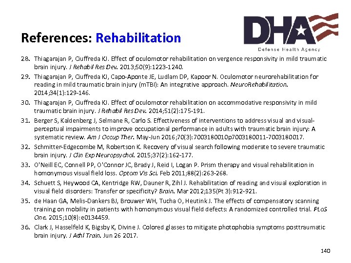 References: Rehabilitation 28. Thiagarajan P, Ciuffreda KJ. Effect of oculomotor rehabilitation on vergence responsivity