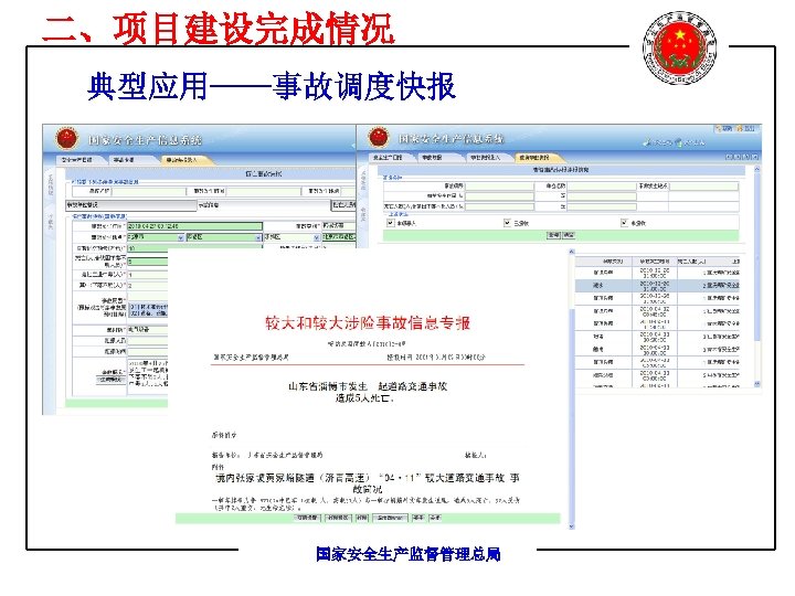 二、项目建设完成情况 典型应用——事故调度快报 国家安全生产监督管理总局 