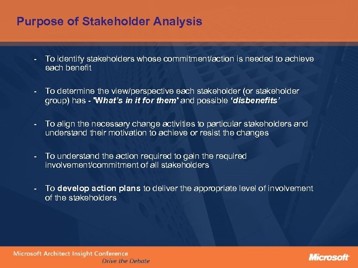 Purpose of Stakeholder Analysis - To identify stakeholders whose commitment/action is needed to achieve