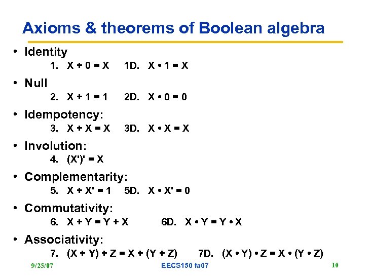 Axioms & theorems of Boolean algebra • Identity 1. X + 0 = X