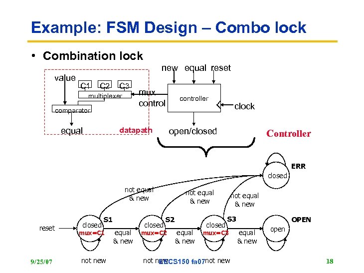 Example: FSM Design – Combo lock • Combination lock new equal reset value C