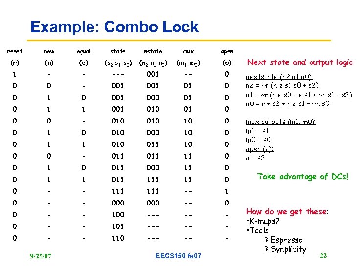 Example: Combo Lock reset new equal state nstate mux open (r) (n) (e) (s