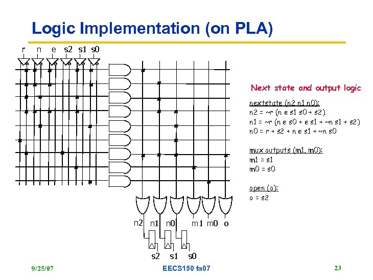 Logic Implementation (on PLA) r n e s 2 s 1 s 0 Next