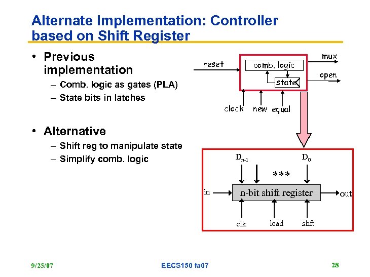 Alternate Implementation: Controller based on Shift Register • Previous implementation reset mux comb. logic