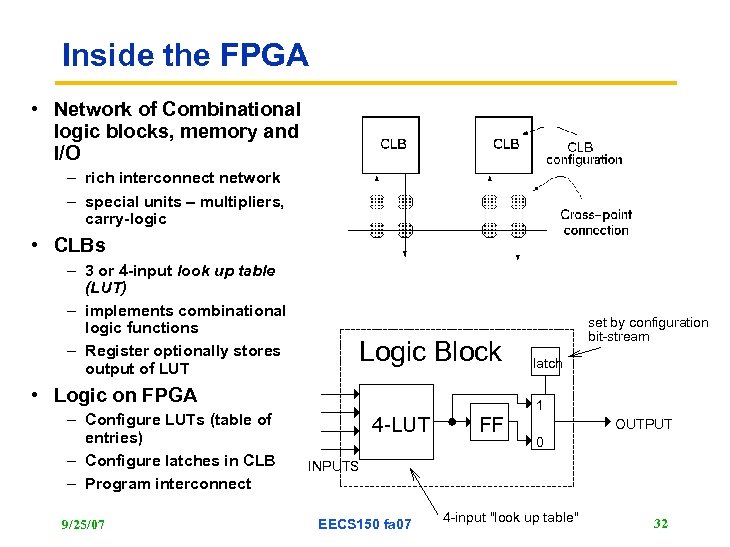 Inside the FPGA • Network of Combinational logic blocks, memory and I/O – rich