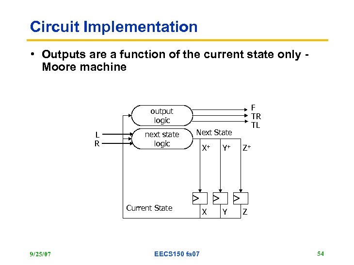 Circuit Implementation • Outputs are a function of the current state only Moore machine