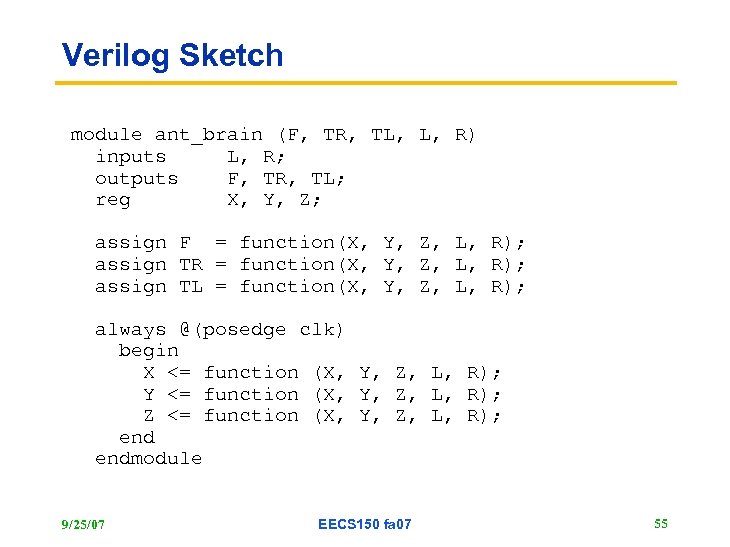 Verilog Sketch module ant_brain (F, TR, TL, L, R) inputs L, R; outputs F,