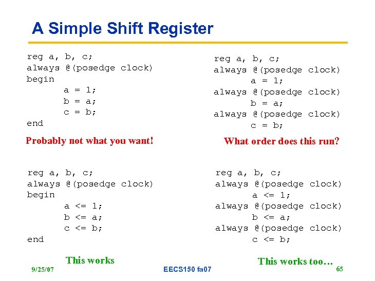 A Simple Shift Register reg a, b, c; always @(posedge clock) begin a =