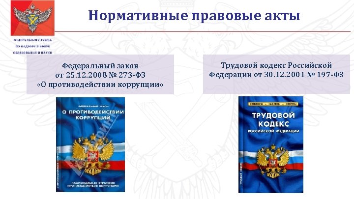 Нормативные правовые акты Федеральный закон от 25. 12. 2008 № 273 -ФЗ «О противодействии