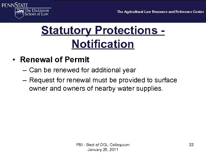 The Agricultural Law Resource and Reference Center Statutory Protections Notification • Renewal of Permit