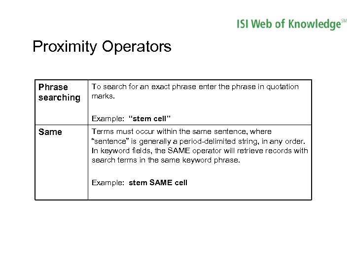 Proximity Operators Phrase searching To search for an exact phrase enter the phrase in
