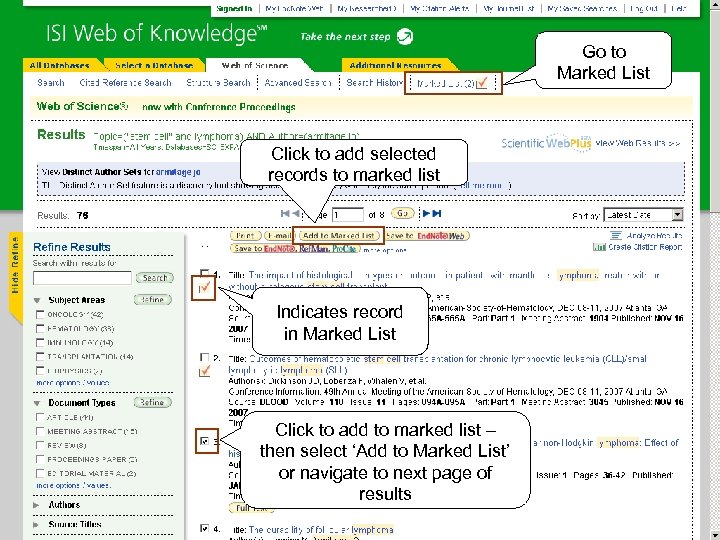 Go to Marked List Click to add selected records to marked list Indicates record