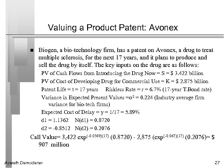 Valuing a Product Patent: Avonex Biogen, a bio-technology firm, has a patent on Avonex,