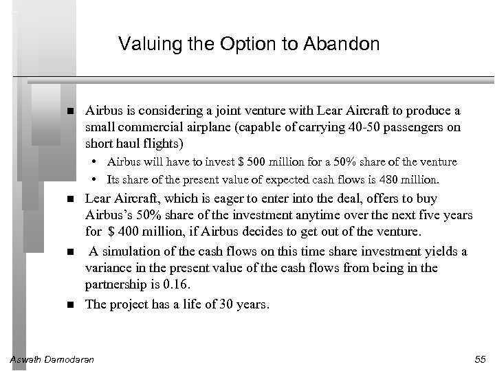 Valuing the Option to Abandon Airbus is considering a joint venture with Lear Aircraft