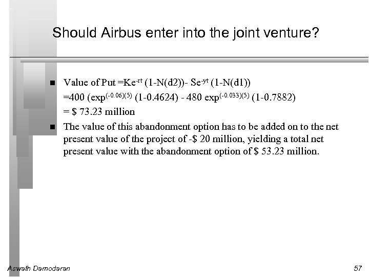Should Airbus enter into the joint venture? Value of Put =Ke-rt (1 -N(d 2))-