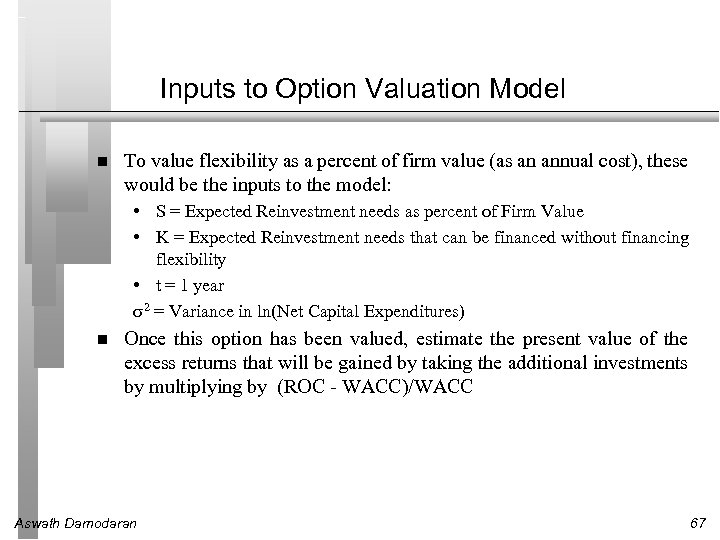 Inputs to Option Valuation Model To value flexibility as a percent of firm value