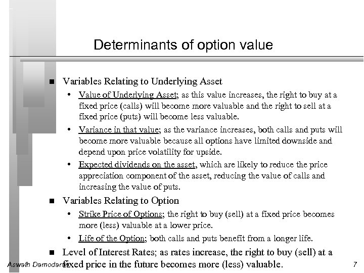 Determinants of option value Variables Relating to Underlying Asset • Value of Underlying Asset;