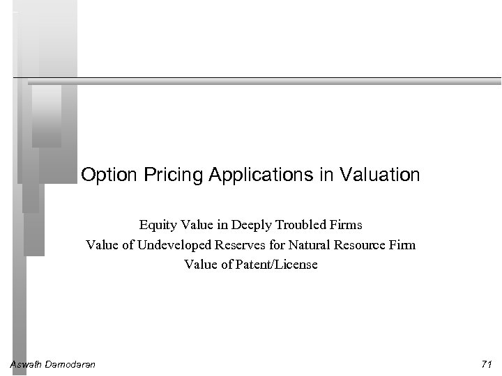 Option Pricing Applications in Valuation Equity Value in Deeply Troubled Firms Value of Undeveloped