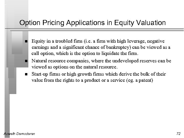 Option Pricing Applications in Equity Valuation Equity in a troubled firm (i. e. a